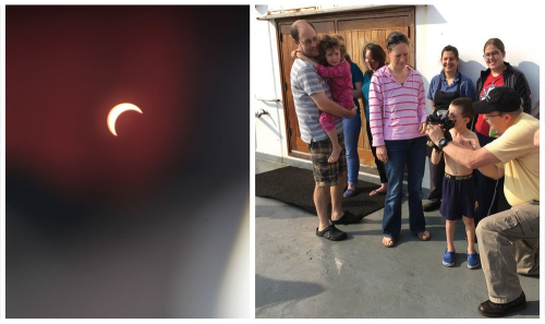 Our son being shown how to use a sextant by the Captain, 2017 